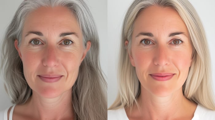 Before After photo of belotera treatment of woman in her 40s with grey hair, before she has wrinkles and fine lines, afterwards smooth glowing skin